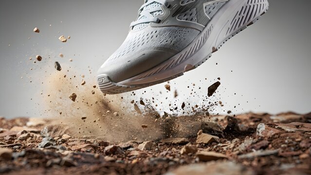 Close up of an athletic shoe hitting a rocky trail with flying dust and pebbles during a high speed outdoor run