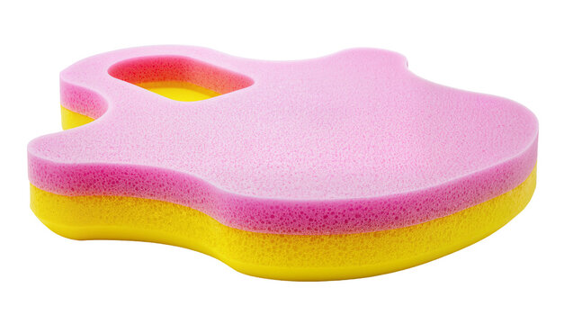 Isolated colorful two-tone pink and yellow bath sponge with soft texture for personal hygiene