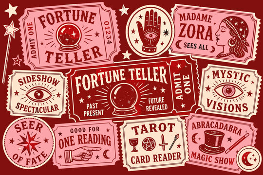 Vintage carnival fortune teller tickets and signs design