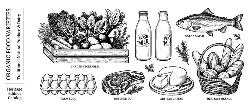 Engraved illustration of organic food varieties showcasing fresh produce, dairy, and ocean catch in a rustic style