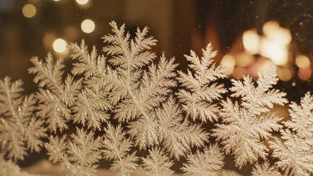Frosty window patterns with warm fireplace bokeh background, for cozy winter, holiday atmosphere snowflake