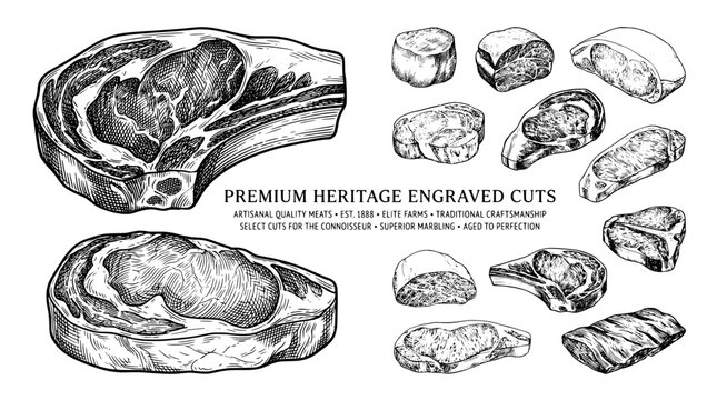 Engraved illustration set of premium heritage cuts showcasing artisanal meat craftsmanship and traditional techniques for connoisseurs