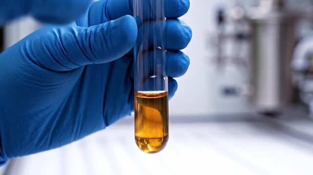 Gloved Hand Holding Amber Test Tube, Laboratory Technician Inspects Sample For Quality Control In Sterile Research Environment, Closeup On Nitrile Glove And Glassware, Amber Solution Reflecting