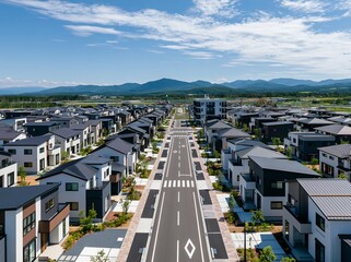 Naklejka premium 青空が美しい新築戸建て住宅街の広がる街並みを空撮