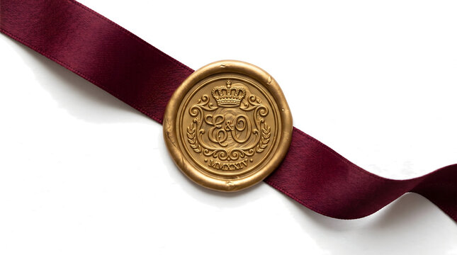 Elegant golden wax seal with a satin ribbon, isolated on a pure white background, vintage royal stamp style, realistic metallic gold texture