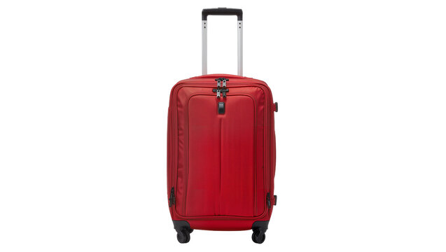 Isolated vibrant red fabric carry-on travel suitcase with extended handle and four wheels
