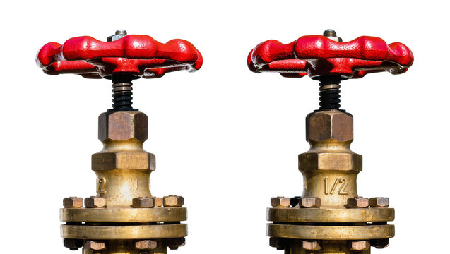 Isolated two vintage brass gate valves with red handwheels for industrial water pipeline control
