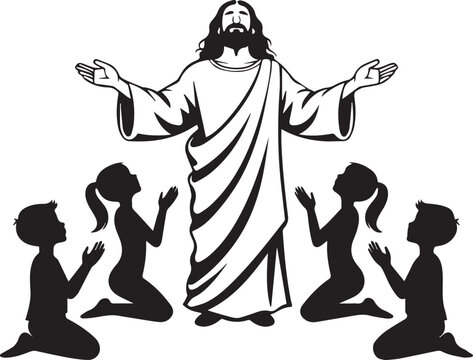 Jesus christ standing with outstretched arms surrounded by kneeling children
