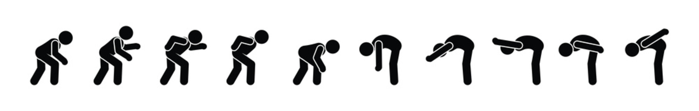Vector stick figure sequence demonstrating back stretching and forward bending exercises. Human fitness, spine mobility, posture training and rehabilitation.