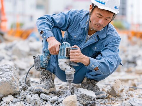 建設現場でハンマードリルを扱う男性作業員が解体工事を行う
