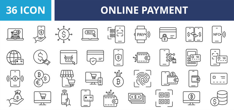 Online payment web banner icon set outline vector illustrations concept with icon technology, online, internet, payment, banking, finance, business
