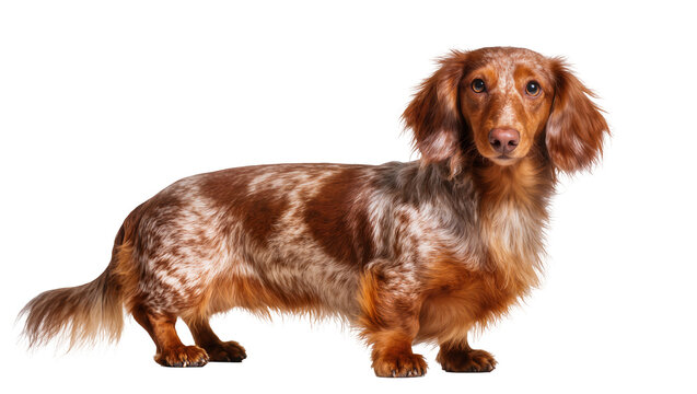 Isolated beautiful long-haired brown dapple dachshund dog standing, studio shot.