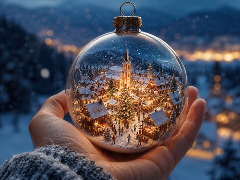 Gl&auml;serne Weihnachtskugel in einer Hand mit verschneitem Miniaturdorf, leuchtendem Marktplatz, Kirche und festlichem Weihnachtsbaum vor einer winterlichen Berglandschaft.
