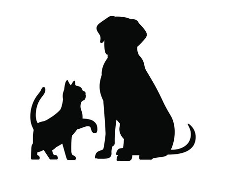 Dog and Cat Silhouette. A black silhouette of a large dog sits attentively next to a smaller cat with its paw raised, illustrating a classic animal companionship or contrasting pet relationship.