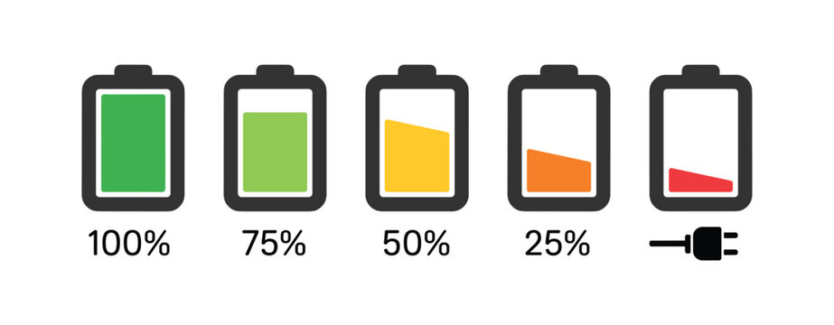 Battery Level Indicators. A series of battery icons show varying levels of charge from 100% to 25%, culminating in an empty battery symbol with a plug, indicating the need for charging.