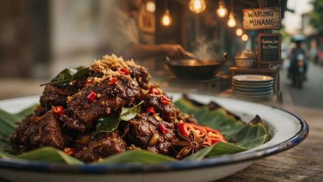 Bowl of authentic indonesian rendang daging sapi, a rich and slow-cooked beef stew seasoned with traditional spices, perfect for culinary storytelling, restaurant menu marketing, and global food stock
