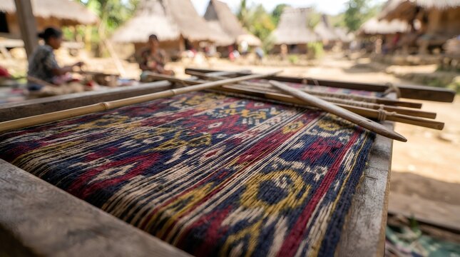 Traditional ikat weaving process performed in a rural village in flores, indonesia, showcasing ancient textile patterns and local artistry for ethnographic and cultural stock photography