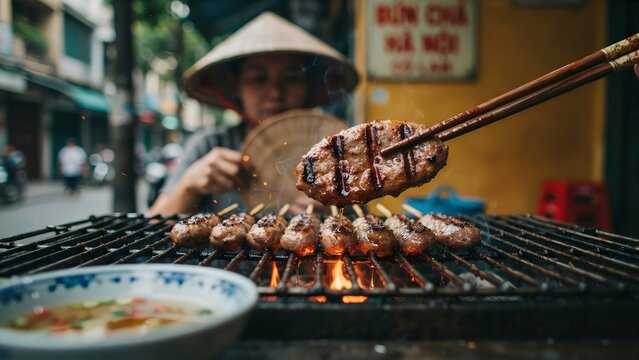Traditional vietnamese woman grilling savory bun cha pork patties over a hot charcoal grill, capturing the authentic street food culture and delicious culinary heritage of hanoi, vietnam