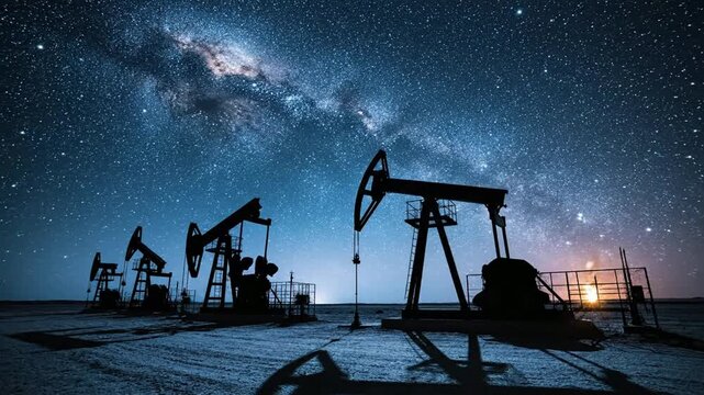 Oil pump jacks working at night under milky way galaxy starry sky, industrial energy production landscape