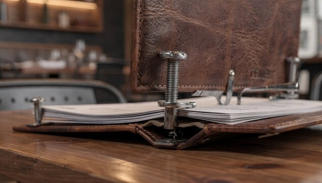 Footage focusing on a screwpost leather menu cover highlighting the industrial chic design and practical insert replacement ideal for busy dining establishments.