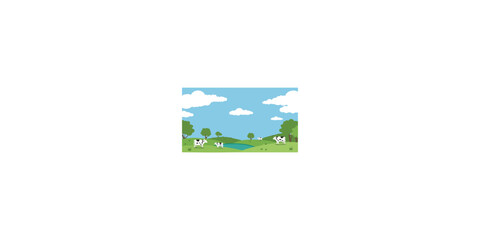 草原で草を食む乳牛たちの牧場の風景ベクターイラスト © pom