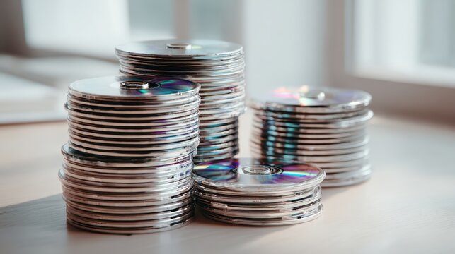 CDs stacked neatly on minimal surface, clean and polished, soft natural light, ultra realistic 8k
