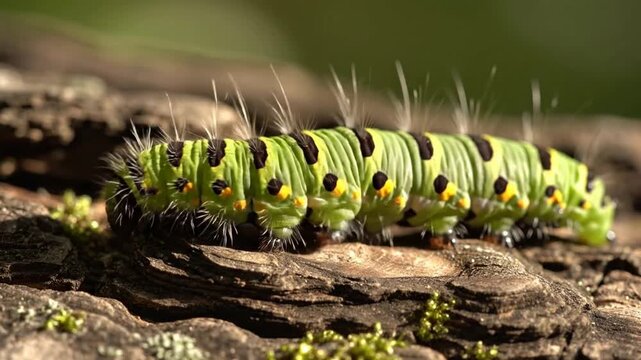 Close-up of a vibrant green caterpillar crawling on textured tree bark in nature larva insect