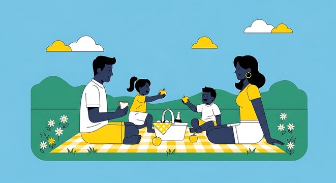 Joyful Family Picnic, Summer Outdoor Recreation, Diverse Parents and Children Enjoying Nature, Bright Sunny Day, Yellow and Blue Palette
