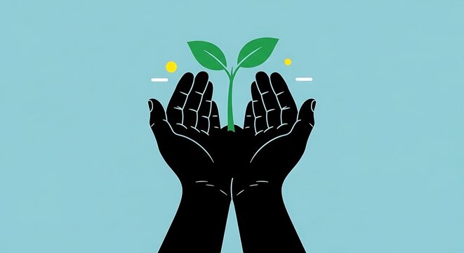 Hands nurturing a green seedling, symbolizing growth, new beginnings, and environmental care.  Concept of sustainability and future.