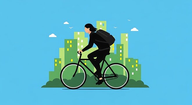 Urban Cyclist Commuting, Eco-Friendly Transport, City Bicycle Rider, Sustainable Transportation Concept