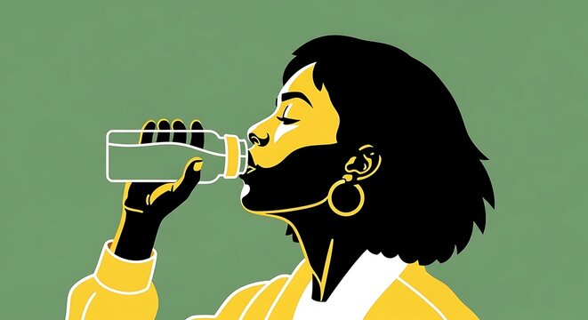 Woman Drinking From Bottle, Refreshment, Hydration, Healthy Lifestyle, Yellow and Black Illustration