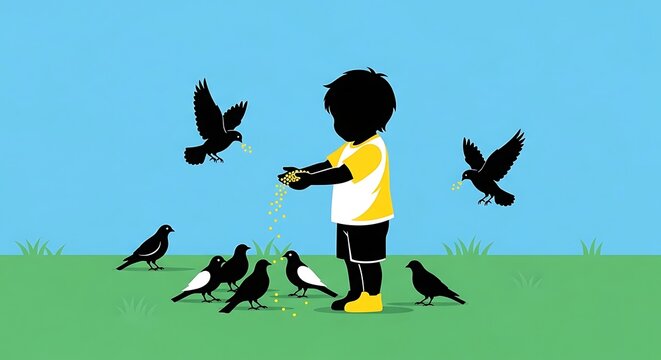 Child Feeding Birds, Outdoor Nature Scene, Silhouette Boy with Flock, Summer Day, Blue Sky Background