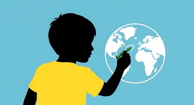 Child's Silhouette Drawing Globe, Education Concept, Global Awareness, Bright Yellow T-Shirt, Blue Background