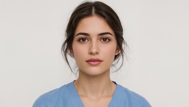 Retrato cercano de joven profesional sanitaria con uniforme azul para concepto de salud y atenci&oacute;n m&eacute;dica