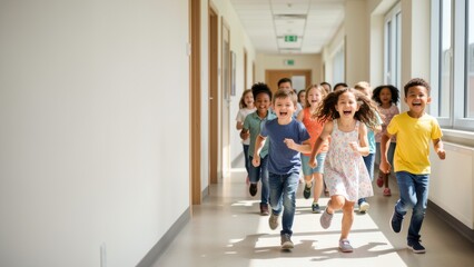 Fototapeta premium joyful diverse elementary students running in brightly lit modern school hallway with negative space for advertisement banner mockup