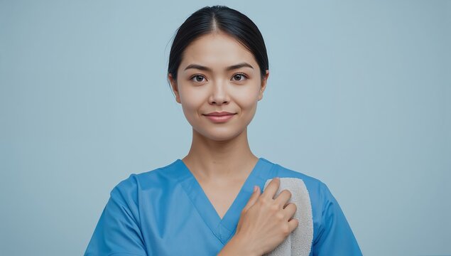 Retrato de joven profesional sanitaria asi&aacute;tica con uniforme azul y gesto de confianza sobre fondo claro