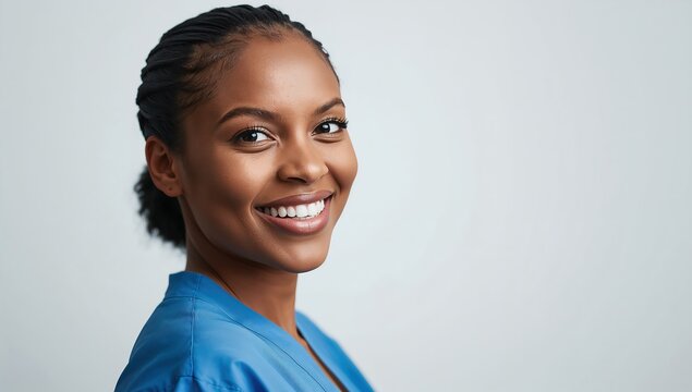 Retrato de enfermera negra sonriente con uniforme azul para concepto de salud y atenci&oacute;n m&eacute;dica profesional