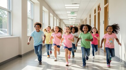 Obraz premium joyful diverse elementary students running in brightly lit modern school hallway with negative space for advertisement banner mockup