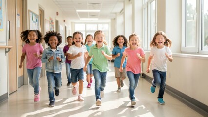 Obraz premium joyful diverse elementary students running in brightly lit modern school hallway with negative space for advertisement banner mockup