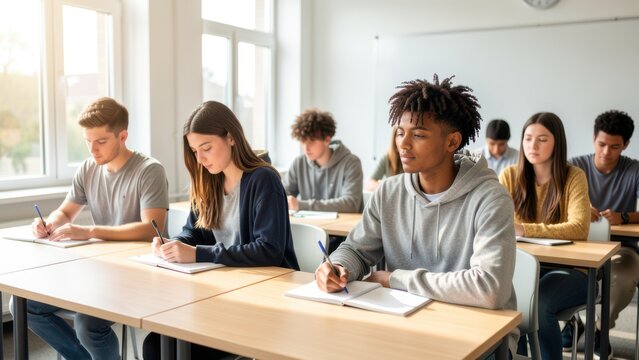 diverse thoughtful high school students learning in bright modern classroom natural light for educational background copy space