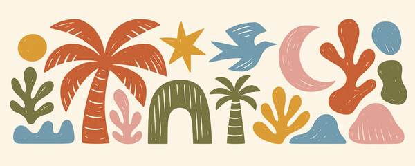 Obraz premium Abstract tropical landscape with palm trees, sun, moon, and bird shapes