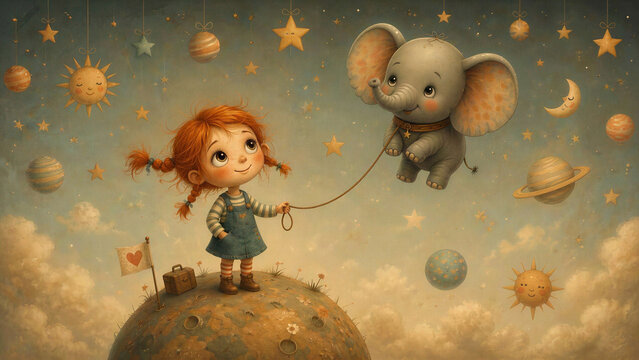 Ein kleines M&auml;dchen steht auf einem Planeten und h&auml;lt einen Luftballon in Form eines Elefanten in der Hand. Zeichnung