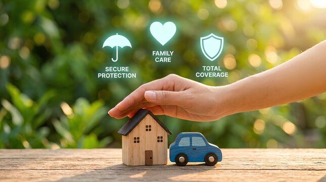 Person protecting toy house and car with hand against sunny green background showing icons for home auto and life insurance coverage generated with AI.