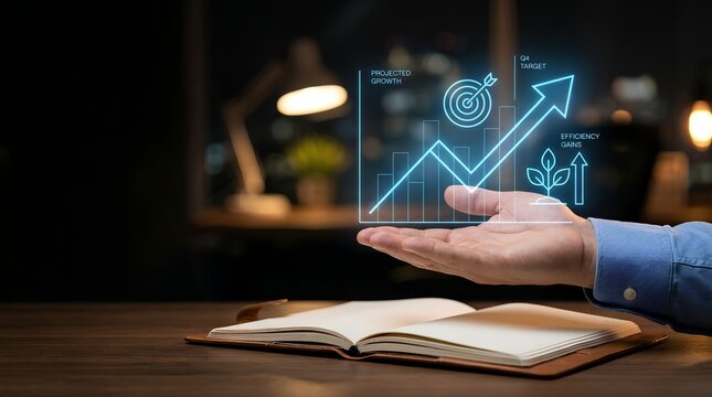 Close up of a hand holding a glowing holographic projection showing projected growth and efficiency gain charts above an open business planner in a dark office.