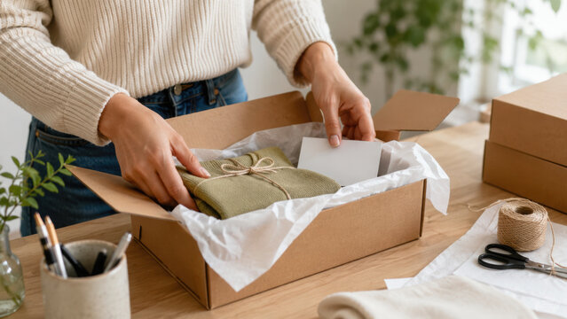Small business owner prepares package for Saturday delivery with care and attention to detail creating warm experience