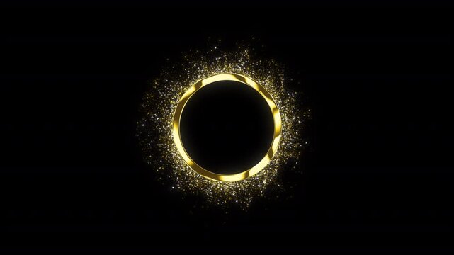 Luxury gold circle frame surrounded by glowing particle cloud on transparent background.