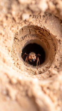 Close-up of a Guard Ant Peeking out from its Nest in the Soil, Facing the Camera