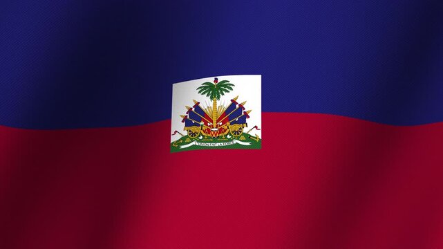 Flag of Haiti Waving: A vibrant depiction of the Haitian flag, with its distinct blue and red horizontal bands and the national coat of arms centered, rippling gracefully in the wind.