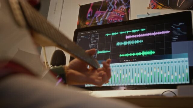 Anonymous male musician playing electric guitar in home studio in front of computer screen showing audio editing software. Clip is suitable for music production and creative remote work ads