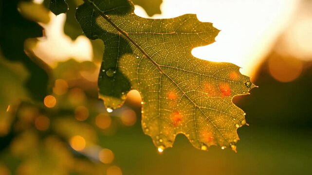 Golden hour oak leaf with morning dew drops, macro nature background, soft bokeh sunlight water droplets